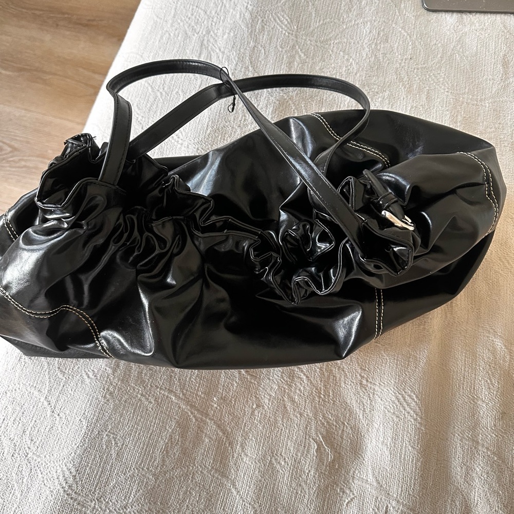Zara Black Shoulder Bag with Glossy Finish and Ruched Design